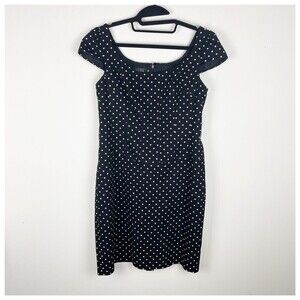 Rickie Freeman Teri Jon Black Polka Dot Dress Size 10 Sheath Cap Sleeve Cotton‍
